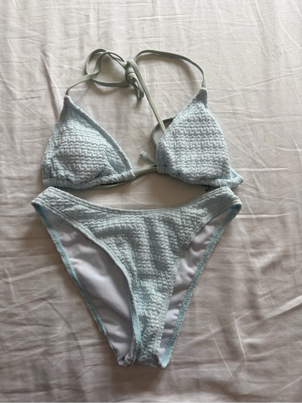 Light Blue Textured Triangle Bikini Set - Women Swim